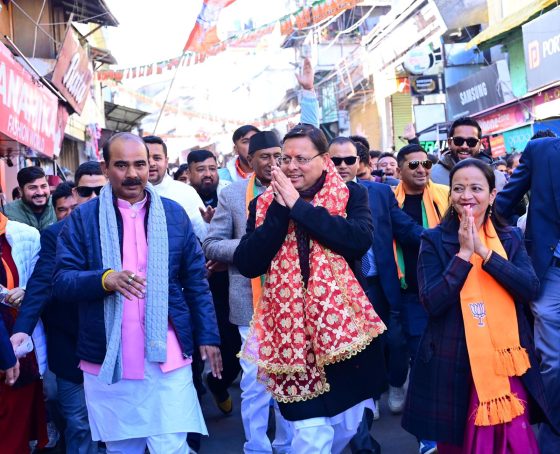 CM Dhami road show with Mayor candidate Kalpana Devlal