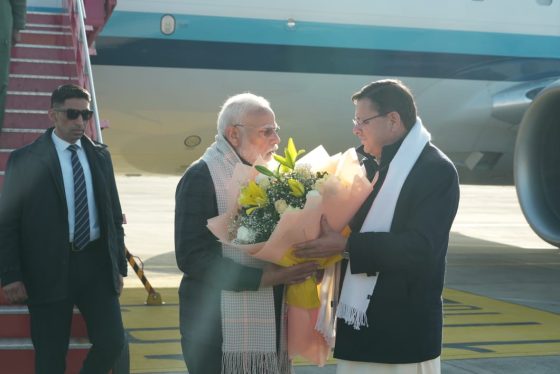 CM Dhami receives PM Modi at Airport