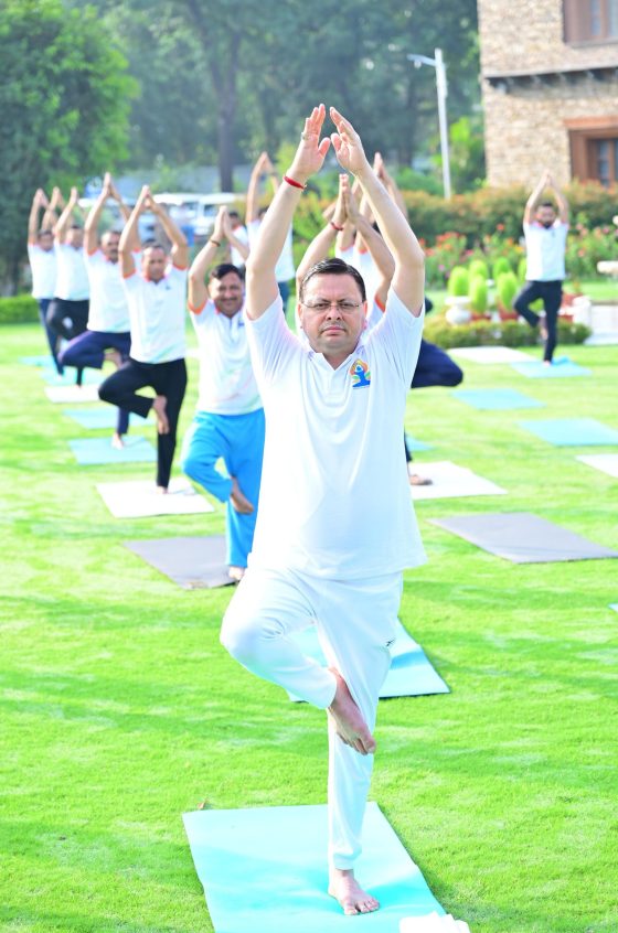 Pushkar Singh Dhami practicing Yoga at his official residence