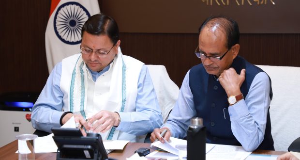 CM Pushkar Singh Dhami with Agriculture Minister Shivraj S Chouhan