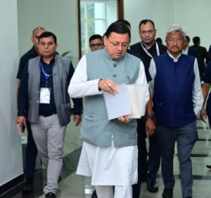 CM Pushkar Singh Dhami coming out from house after adjournment