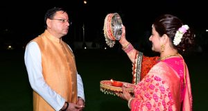 CM Pushkar Singh Dhami's wife Geeta Dhami observe Karwa Chauth